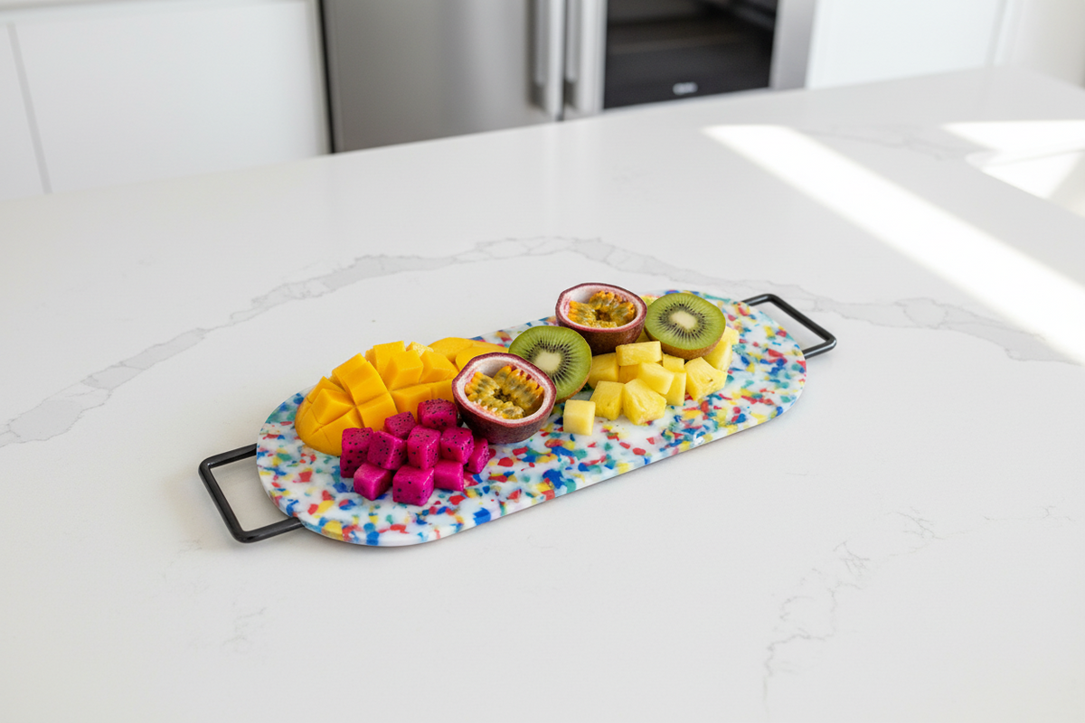 Colorful fruit platter on a kitchen counter with a modern kitchen background