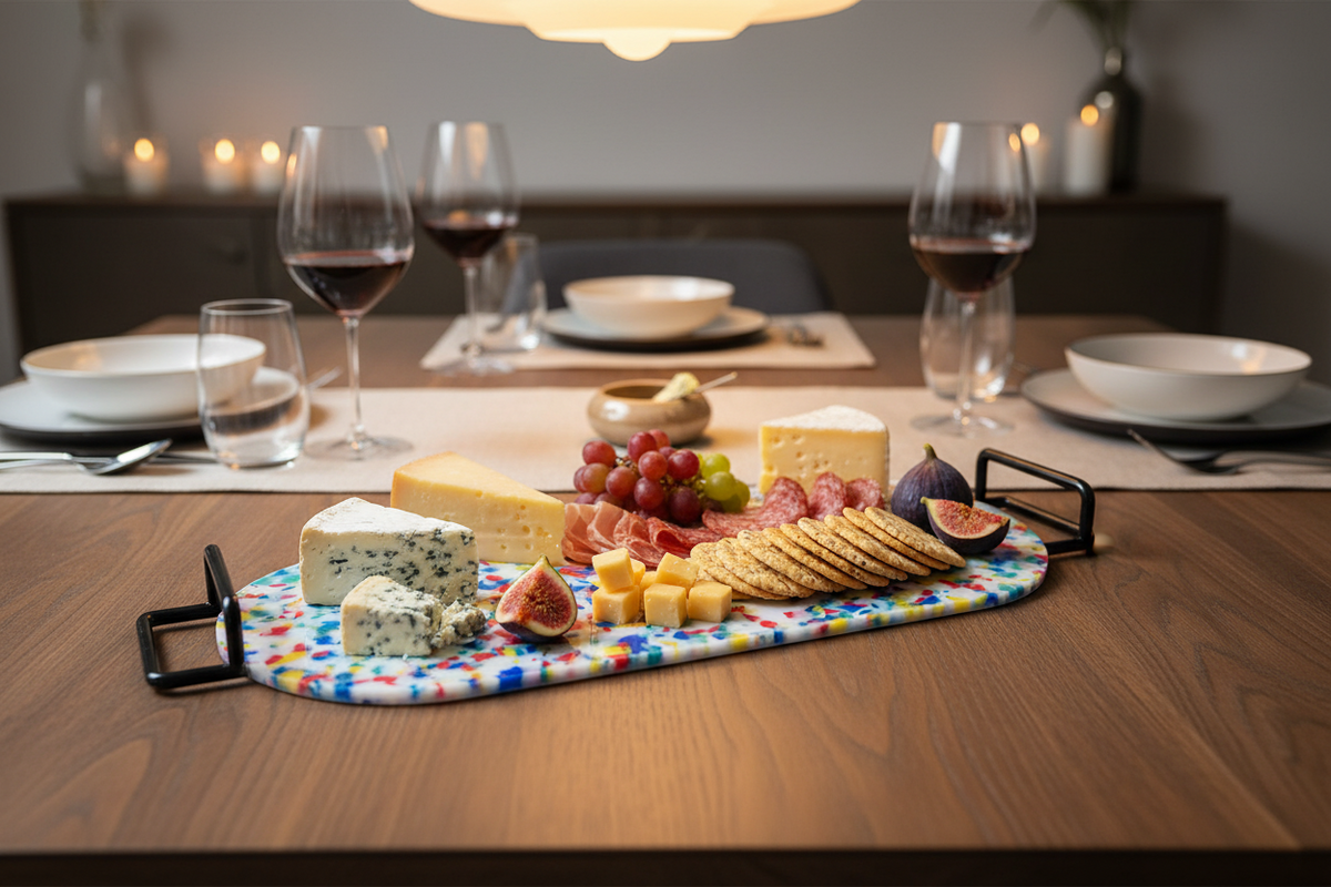 Dining table with a charcuterie board and wine glasses in a cozy setting.