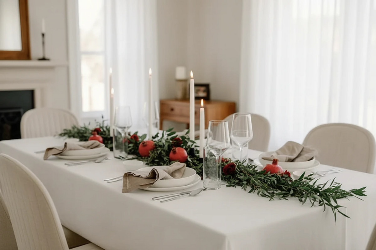 Decorative table setting with candles, pomegranates, and greenery on a white tablecloth.
