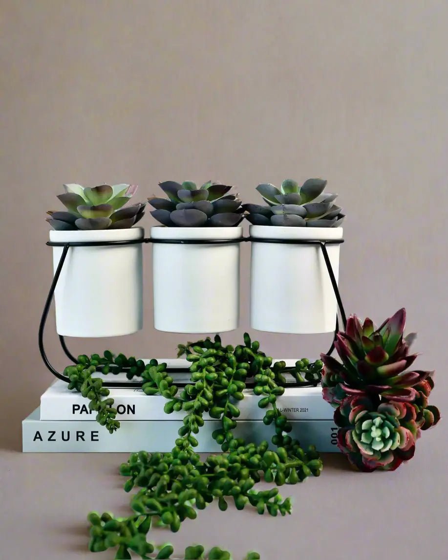 faux mini succulents Faux Succulents on Metal Stand