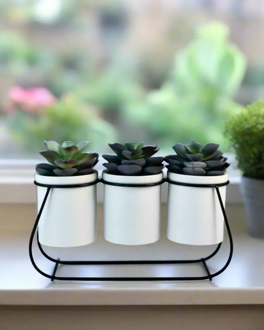 succulents in metal pots Faux Succulents on Metal Stand