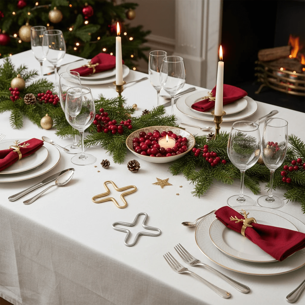 Dining table set for Christmas with red napkins, candles, and greenery.