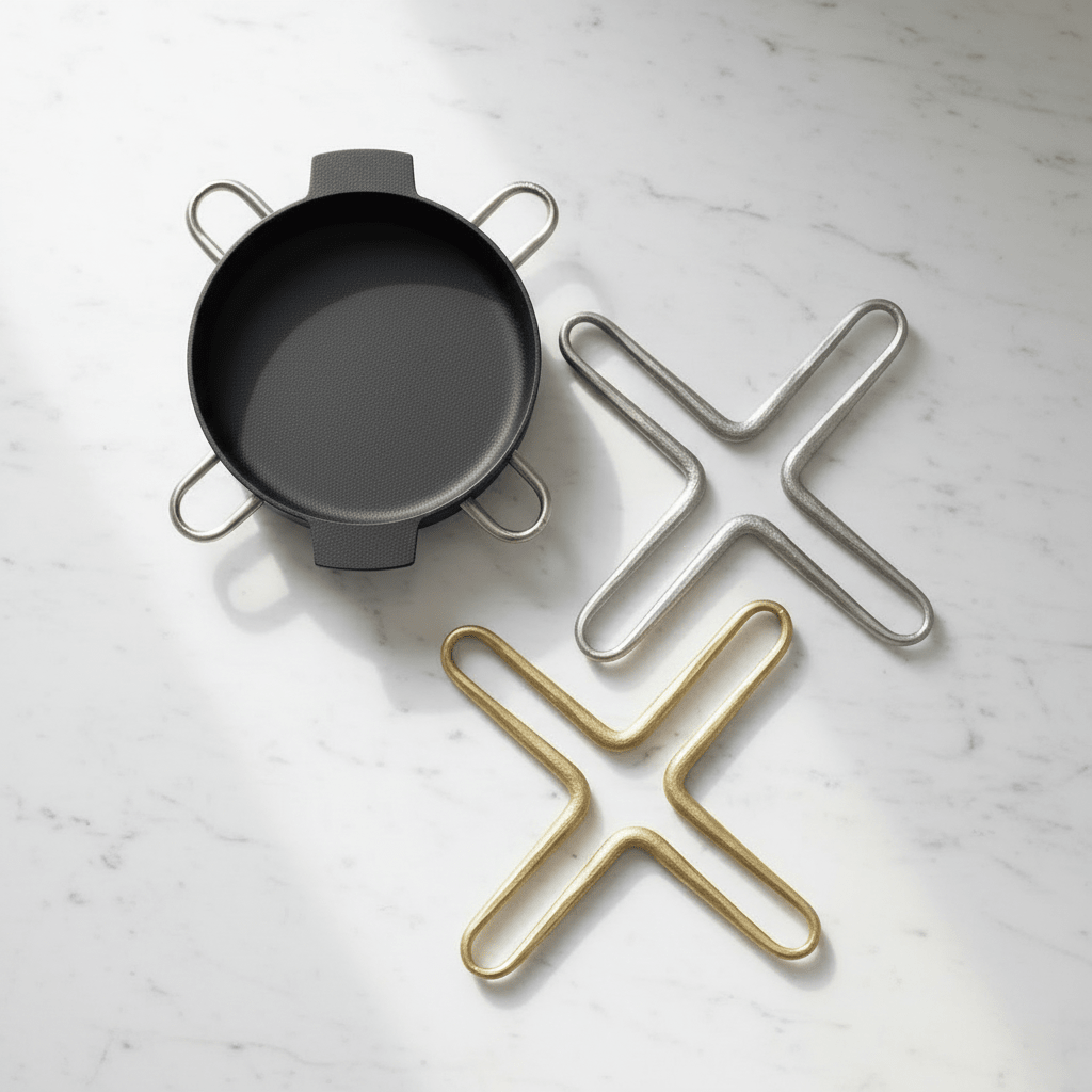 Black frying pan with metal trivets on a white marble surface