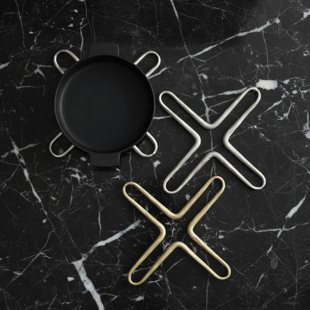 silver and gold metal trivets on a black marble surface