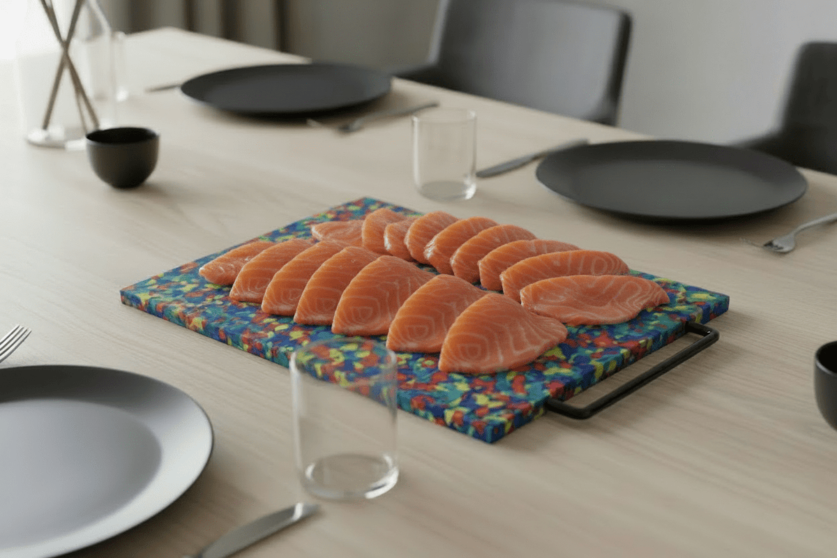 Sliced salmon on a colorful cutting board with plates and glasses on a table.