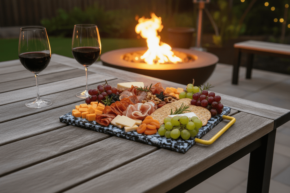 Outdoor setting with a charcuterie board and wine glasses by a fire pit.