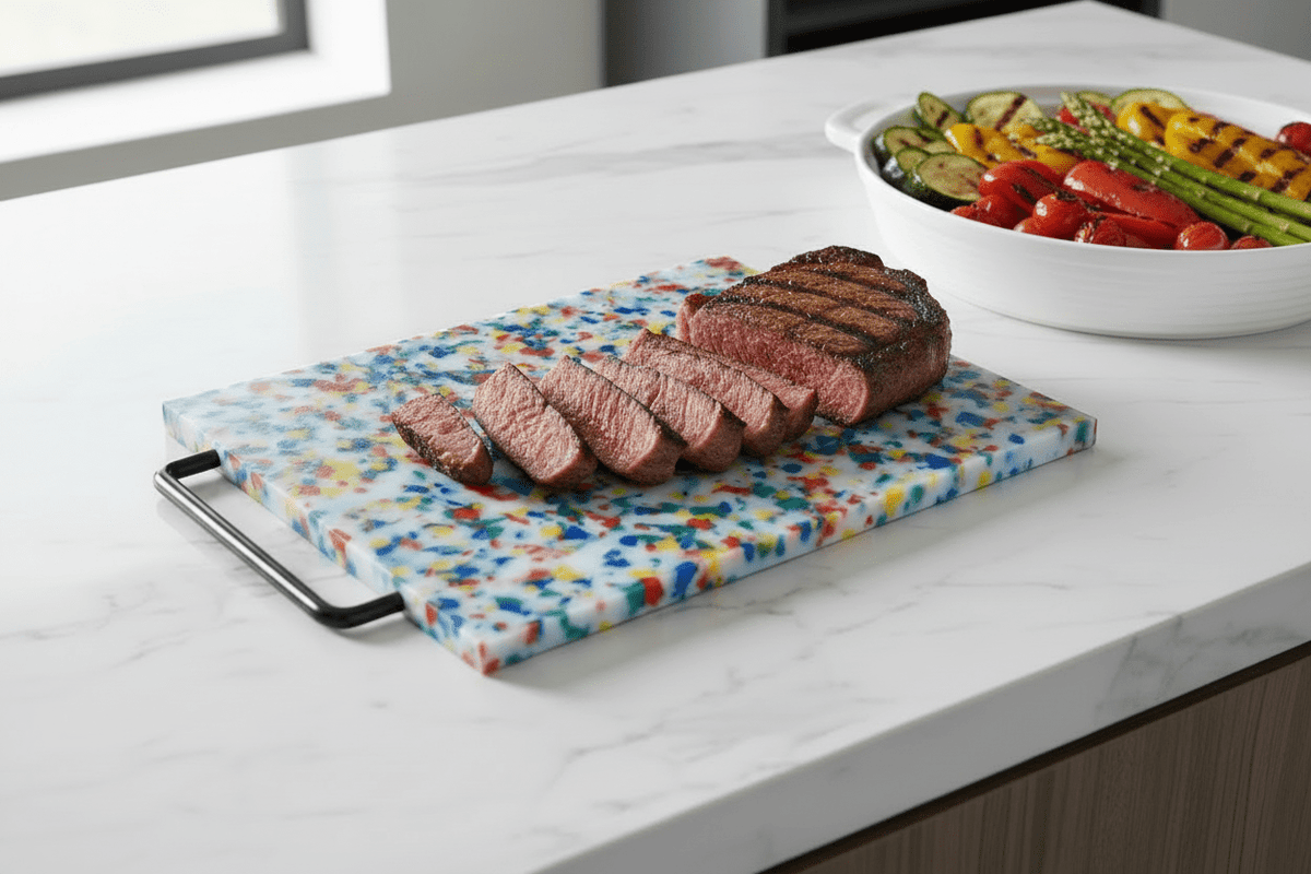 Colorful cutting board with sliced steak on a kitchen counter