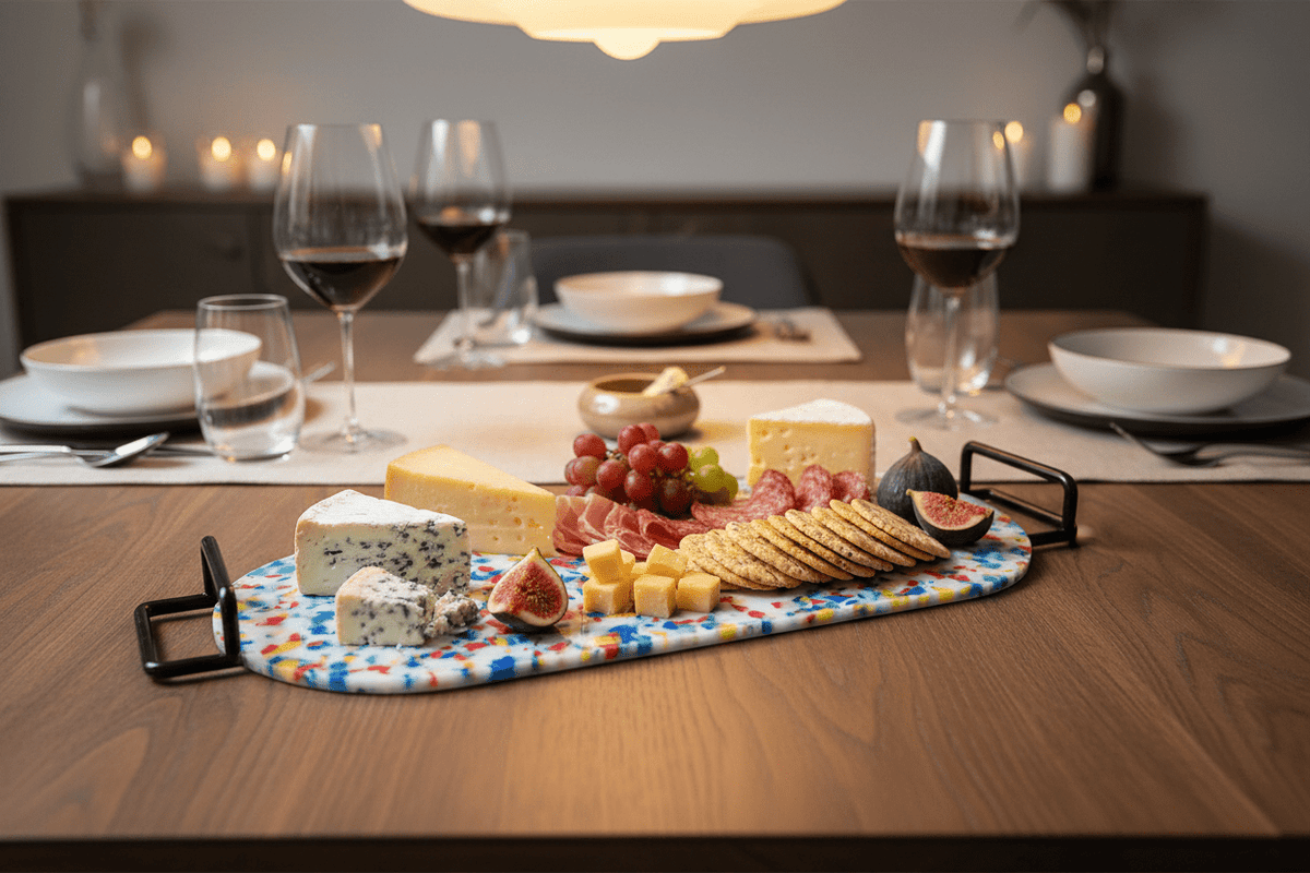 Dining table with a charcuterie board and wine glasses in a cozy setting.