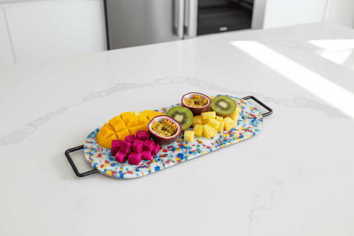 Colorful fruit platter on a kitchen counter with a modern kitchen background