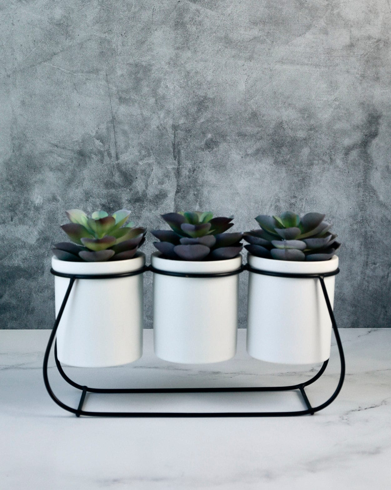 3 Faux Succulents On Metal Stand
