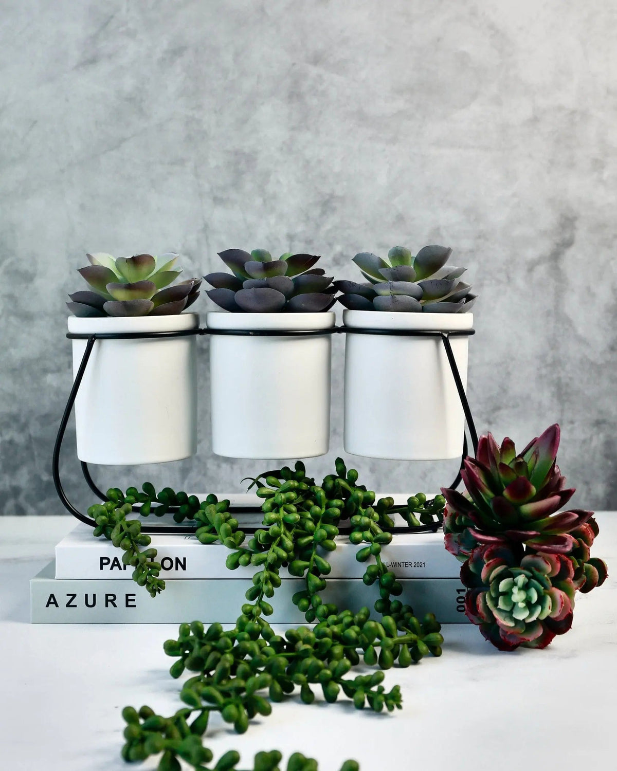 mini potted faux succulents Faux Succulents on Metal Stand
