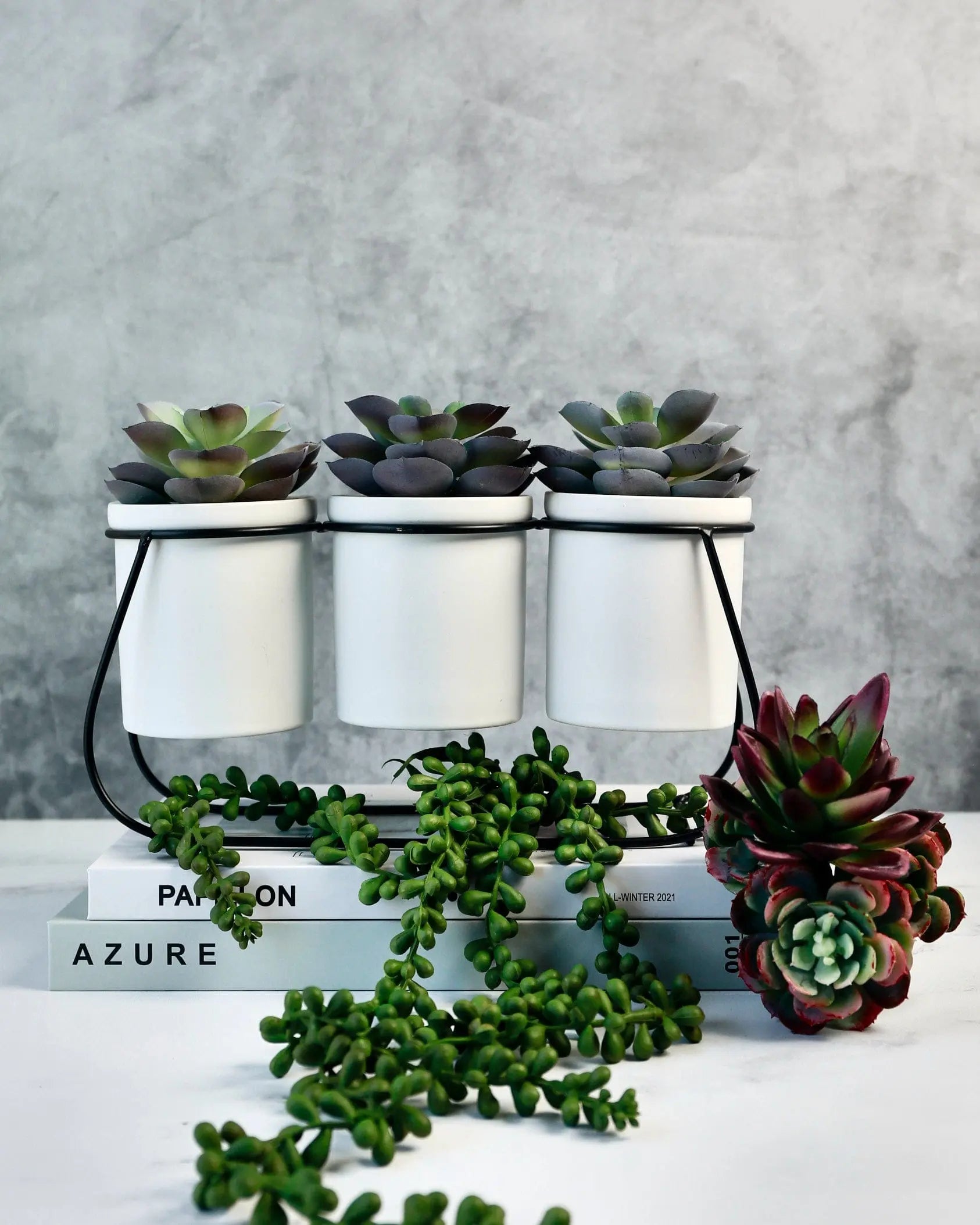 3 Faux Succulents On Metal Stand