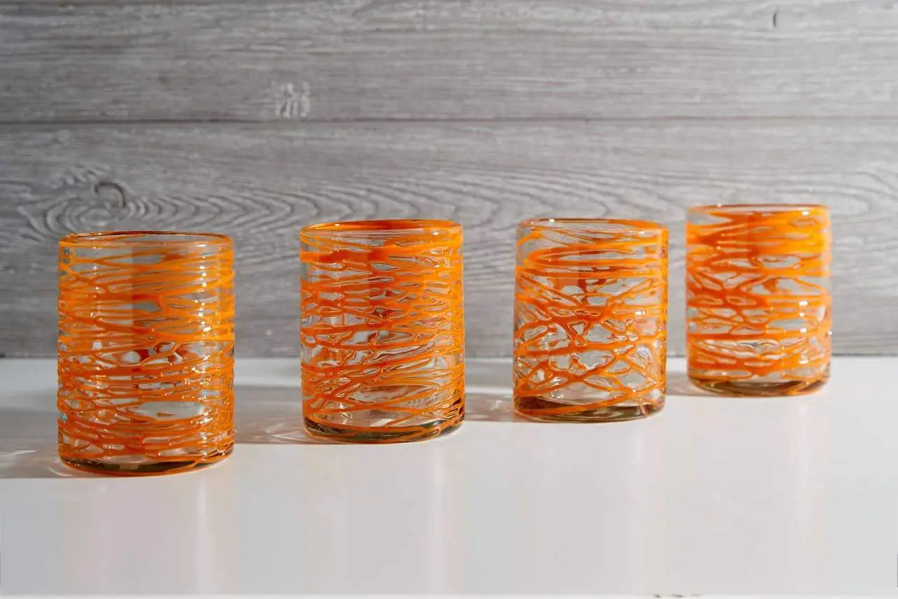 Verve Culture Glassware Mexican Handblown Glasses - Orange Swirl - Set of 4