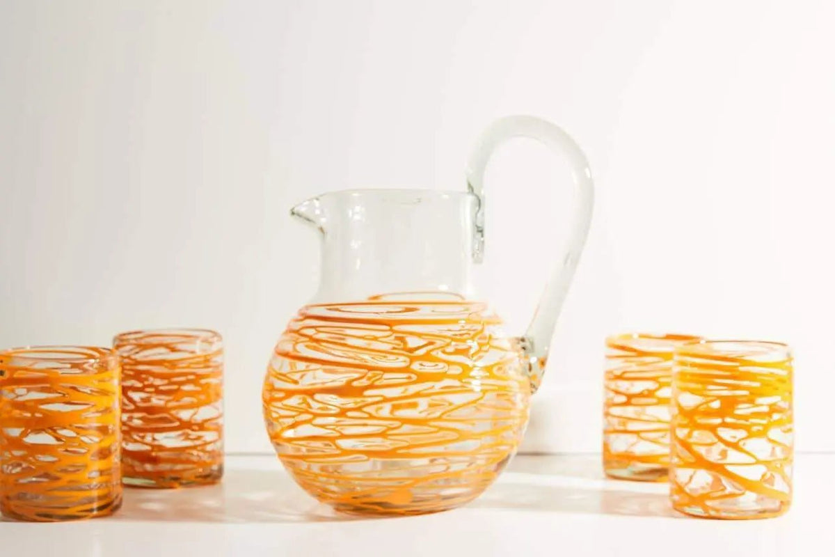 Verve Culture Glassware Handblown Glass Pitcher-Orange Swirl