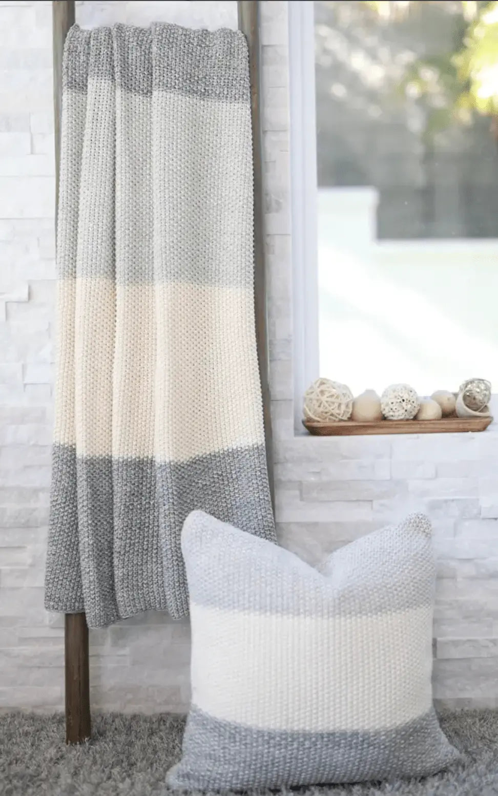 Marl Moss Stripe Knitted Throw Blanket Gray